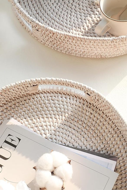HITOMEN 11.8" Hand-Woven Round Rattan Serving Tray Decorative Wicker Trays with Handles for Coffee Table (Whitewash-M)