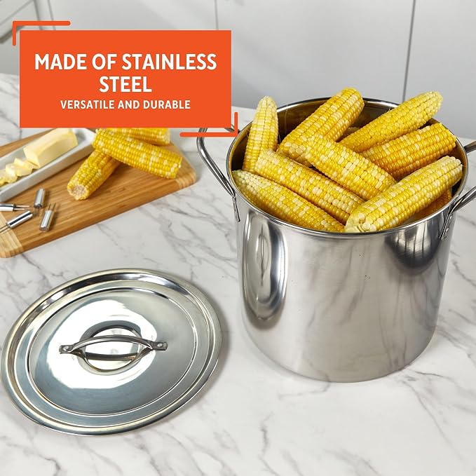 IMUSA 16 Quart Stainless Steel Stock Pot with Lid - Large Cooking Pot for Soups, Stews, Pasta, Seafood Boiling and Family Meals - Riveted Handles for Easy Transport