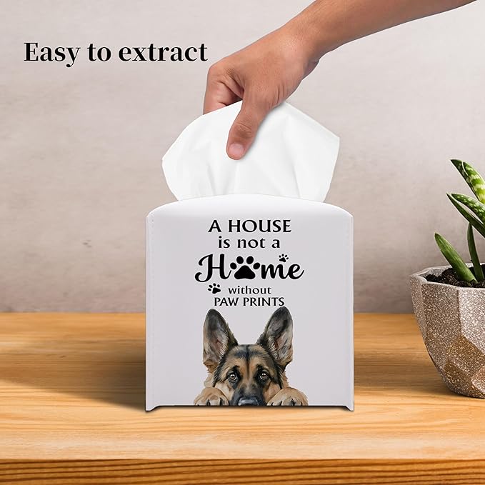 Grace Yonks Cute German Shepherd Tissue Box Cover Square, German Shepherd Dog Cube Case for Facial Tissues, 5.2" PU Leather(032)