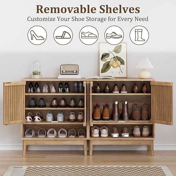 Shoe Cabinet with Slatted Doors, Freestanding Shoe Cabinet Storage for Entryway, 4-Tier Entryway Shoe Organizer Cabinets with Shelves (Oak, 27.6" Wide)