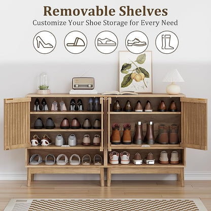 Shoe Cabinet with Slatted Doors, Freestanding Shoe Cabinet Storage for Entryway, 4-Tier Entryway Shoe Organizer Cabinets with Shelves (Oak, 27.6" Wide)