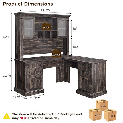 OKD 60" L Shaped Executive Desk with Hutch and Drawers, Farmhouse Home Office Desk with Charging Station, File Cabinet Storage, Wood Corner Computer Desk for Work and Study, Dark Rustic Oak