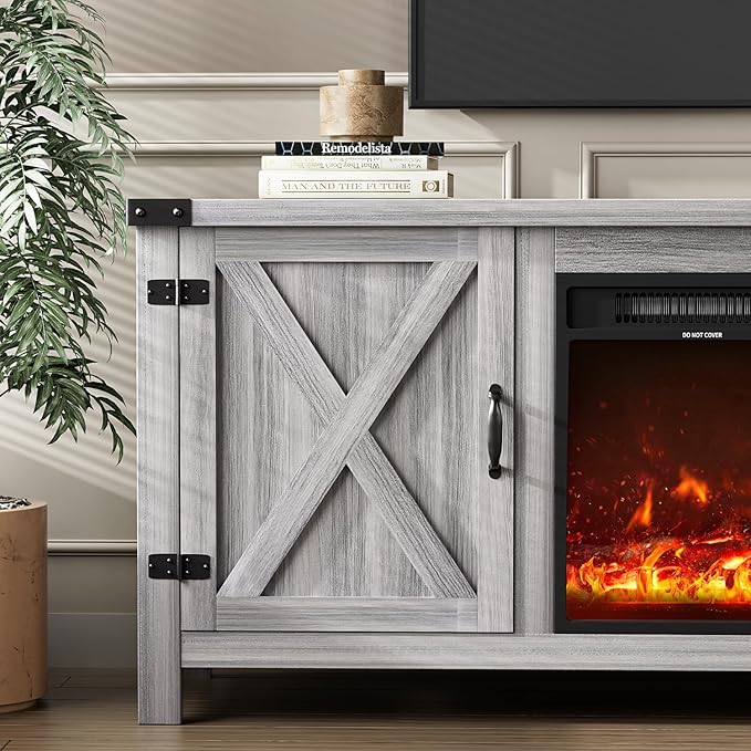 YESHOMY Fireplace TV Stand with Two Barn Doors and Storage Cabinets for Televisions up to 65+ Inch, Entertainment Center Console Table, Media Furniture for Living Room, 58 Inch, Gray
