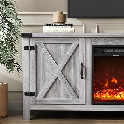 YESHOMY Fireplace TV Stand with Two Barn Doors and Storage Cabinets for Televisions up to 65+ Inch, Entertainment Center Console Table, Media Furniture for Living Room, 58 Inch, Gray