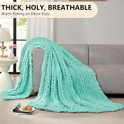 L'AGRATY Chunky Knit Blanket Throw: 50''x60'' Chenille Chunky Knitted Throw Blanket for Bed Couch - Handmade Thick Big Cable Knit Blanket - Large Crochet Rope Blankets for Home Decor(Lake Blue)