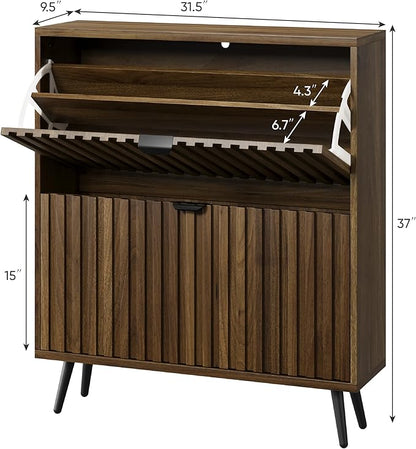 Smuxee Shoe Cabinet with 2 Flip Drawers, 31.5" Walnut Hidden Shoe Storage Cabinet with Fluted Design, Freestanding Shoe Organizer Cabinet for Entryway, Hallway, Closet, Living Room