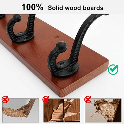 WEBI Rustic Coat Rack Wall Mount,5 Cast Iron Coat Hooks Wall Mounted,Heavy Duty Wood Wall Coat Hanger Hooks for Hanging Coats,Jacket,Clothes,Backpack,Farmhouse,Cherry