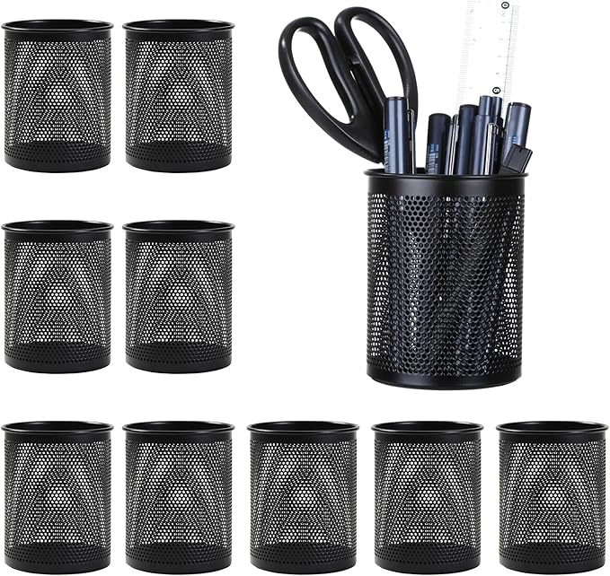 Comix Pen Holder Desk Organizer, Wire Mesh Pencil Cup with Foam Pad and Non-Slip Bottom Office Supplies Desk Accessories for Home Office School, 10 Packs