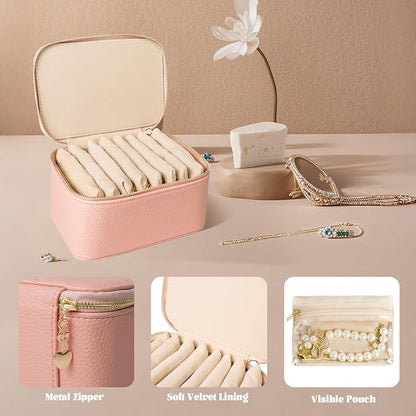 Travel Jewelry Case, Portable Jewelry Box with 6 Jewelry Bags,Travel Gift for Women Teen Girls (Pink 8 Pcs)