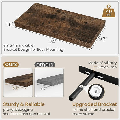 Fun Memories Floating Shelves 24 Inch Long, 9.3 Inch Deep Floating Shelf for Lving Room, Bedoom, Kitchen, Deep Wall Shelves for Bathroom, 2 Pack Storage Display Shelf for Books, Decors, Rustic Brown