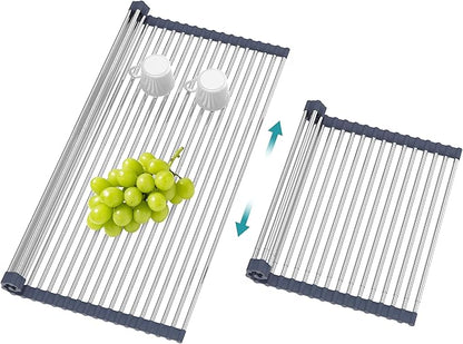 BBXTYLY Extra Large Expandable Roll Up Dish Drying Rack,Over The Sink Drying Rack Sink Cover Kitchen Sink Accessories Kitchen Rolling up Stainless Steel Drainer, Foldable,Rollable（Grey，25.1''-17.3''）