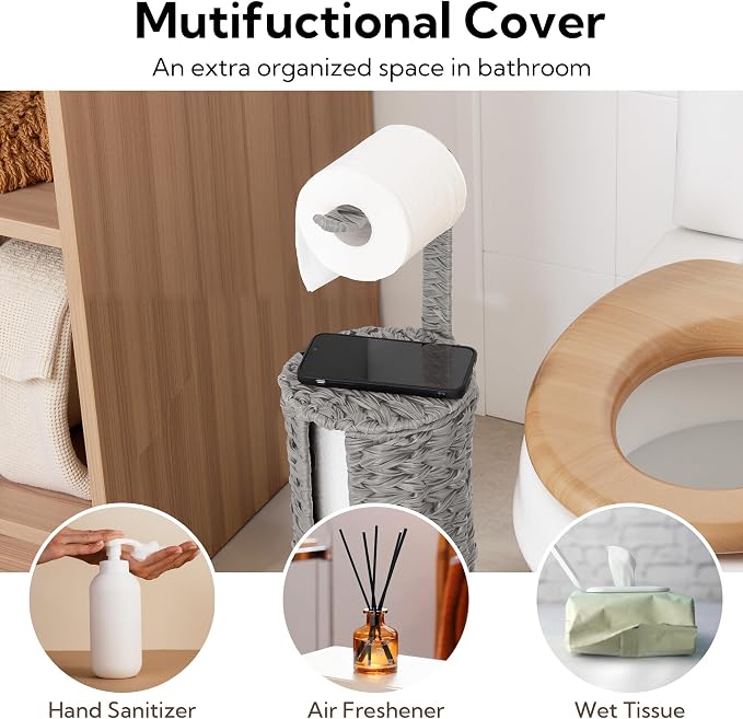 GRANNY SAYS Wicker Freestanding Toilet Paper Holder Stand with Storage, Modern Covered Toilet Paper Stand for 4 Rolls with Shelf for Wet Wipes, Tissue Holder for Bathroom Decor and RV, Gray