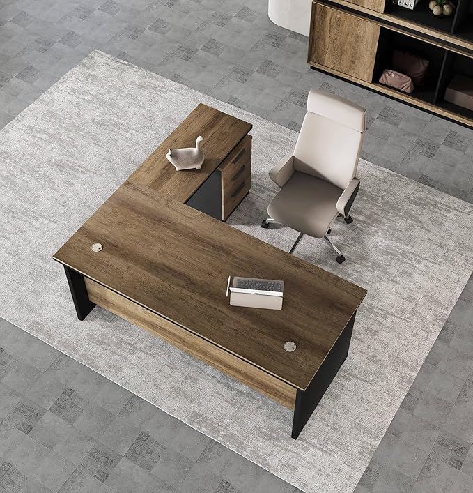 63 Inch L-Shaped Executive Desk Set of 2, Industrial Modern Wood Office Desk with 3 Drawers, Built-in Cable Management & Power Outlet, Real Wood Finish, Reversible Left/Right Return Home Workstation
