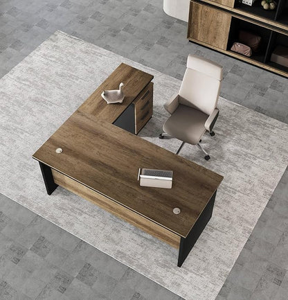 63 Inch L-Shaped Executive Desk Set of 2, Industrial Modern Wood Office Desk with 3 Drawers, Built-in Cable Management & Power Outlet, Real Wood Finish, Reversible Left/Right Return Home Workstation