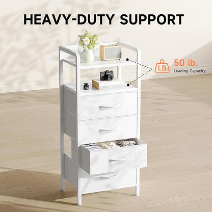 Lazzanto Night Stand Bedside Charger Bedroom - Nightstand with Charging Station, 2 U-S-B Ports & 2 AC Outlets, Tall Bed Side Table with LED Light Strip, Storage Shelf & 4 Fabric Drawers, White