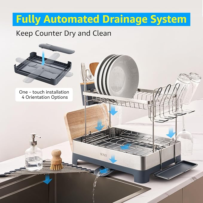 SUNLY Large Dish Drying Rack, Multipurpose 2 Tier Dish Racks for Kitchen Counter, 304 Stainless, Extra Large Drain Board, Gray