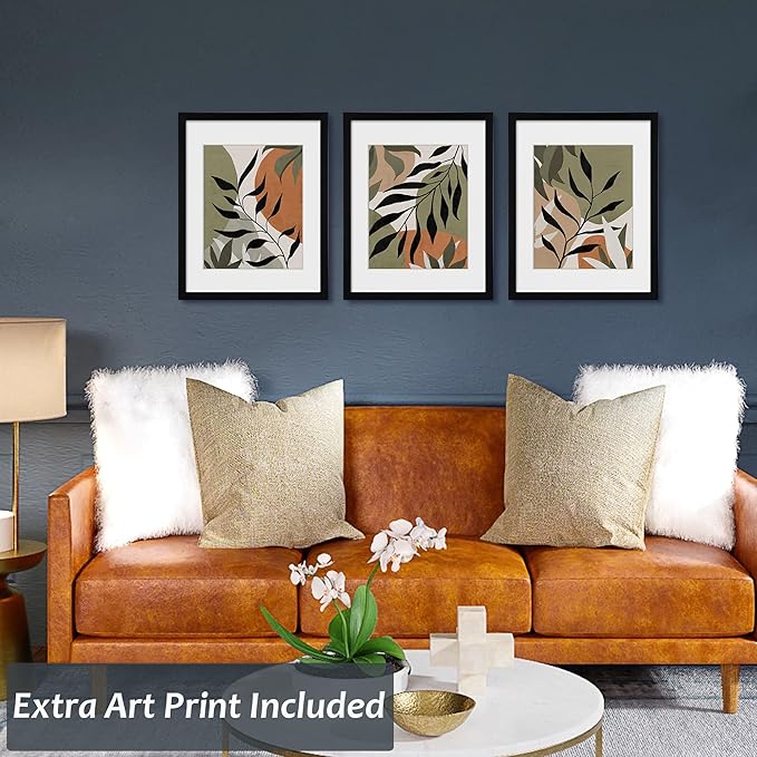 ArtbyHannah 11x14 Inch Black Framed Abstract Wall Art Set of 3 with Brown Black Tan Blocks for Wall Decor, Extra Art Prints of Botanical Included