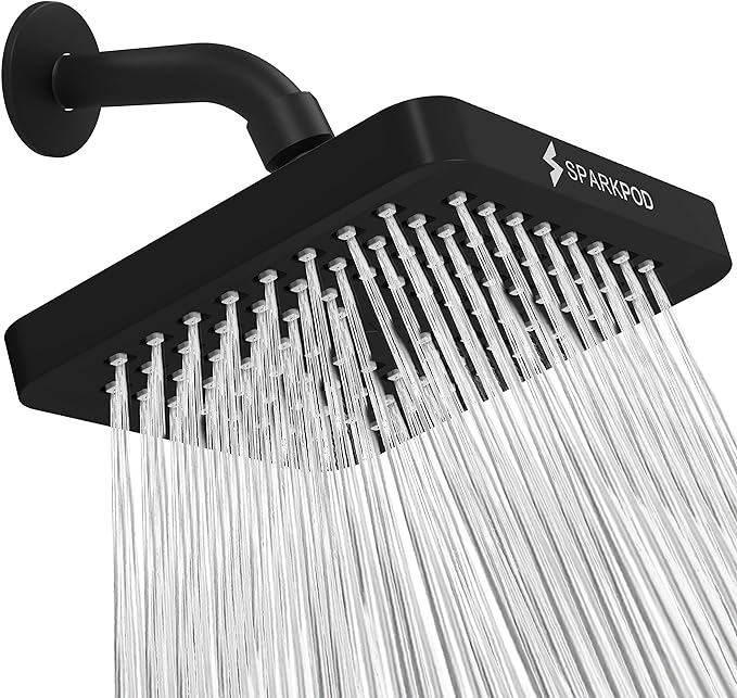 SparkPod Rain Shower Head, 6 Inch Square | High Pressure Shower Heads, 90 Nozzle (Touch-to-Clean), Adjustable Showerhead, No-tool Universal Connection