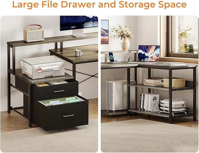 ODK 75" L Shaped Desk with File Drawers, Work from Home Office Desk with Power Outlet, Reversible Computer Desk with Storage Shelves, Gaming Desk with Monitor Shelf, Corner WFM Table, Grey Oak
