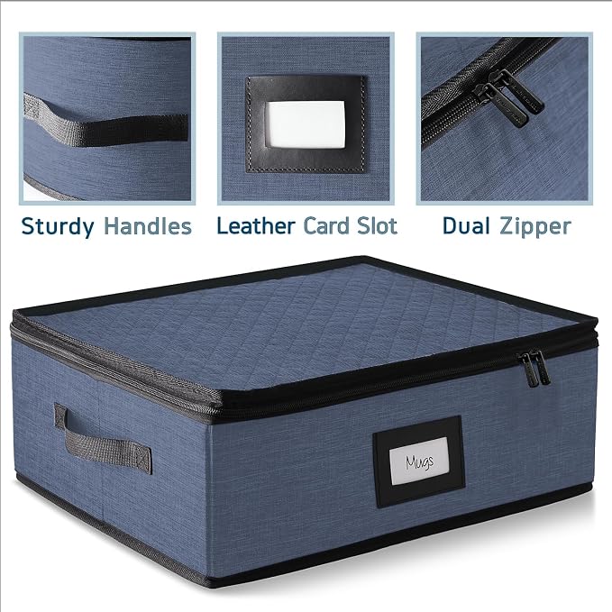 Hearth & Harbor Coffee Mug Storage, Quilted and Stackable Coffee Cup Storage Organizer for Service of 12, Mug Storage Box with Dividers, China Containers Hard Shell for Moving and Organization, Blue