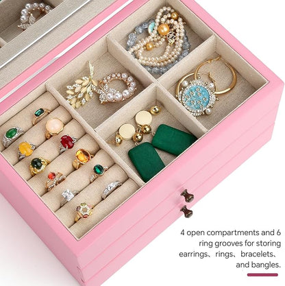 Meangood Jewelry Box Organizer for Women, 3 Layer Large Jewelry Storage Case, Rustic Wooden Jewelry Box with Mirror & Ring Tray for Necklace Earring Bracelets Rings, Vintage Style (Pink)