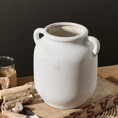 Ceramic Flower Vase Home Decor - Farmhouse Rustic White Table Vases with Handle Living Room Decoration Decorative Vintage Pottery for Kitchen Shelf Coffee Dining Desk Bookshelf Fireplace (7.6" Rustic)