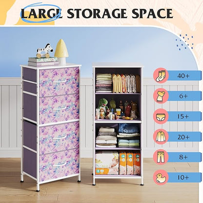 WLIVE Dresser with 4 Drawers, Storage Tower, Organizer Unit, Fabric Dresser for Bedroom, Hallway, Entryway, Closets, Sturdy Steel Frame, Wood Top, Easy Pull Handle, Tie-dye Print (Pink, Purple, Blue)
