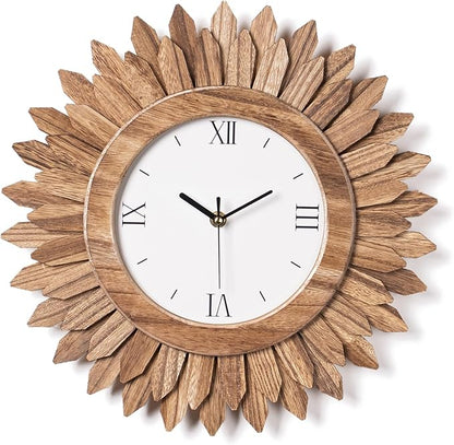 Honiway 14 Inch Wall Clocks Battery Operated Silent Non Ticking Rustic Wood Boho Sunburst Decorative Wall Clock for Living Room Kitchen Bedroom Farmhouse Office Decor (Rustic Brown-Roman Numerals)
