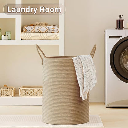 SunNewt Tall Laundry Basket with Handles, 100L Portable Dirty Clothes Hamper, Boho Cotton Rope Storage Bin for Blankets Kids Toys Gifts, Extra Large Organizer for Baby Nursery Bedroom Bathroom, Jute