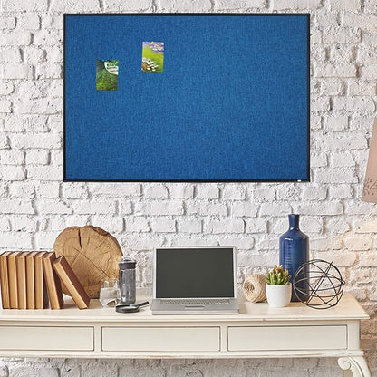 Lockways Linen Cork Bulletin Board, 36 x 24 Inch Framed Linen Fabric Pinboard, Blue Color Message Notice Wall Bulletin Cork Board for Home Kitchen Office Decorative, Black Aluminum Frame