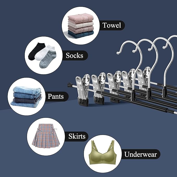 50PACK Pants Hangers with Clips Adjustable Skirt Hangers for Women Black Metal Non-Slip Trousers Hanger Heavy Duty Space Saving Clothes Hangers for Shorts,Jeans,12Inch