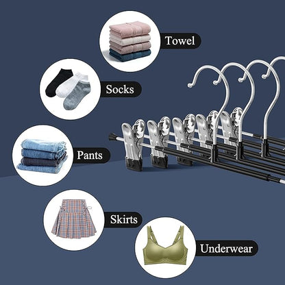 30PACK Pants Hangers with Clips Adjustable Skirt Hangers for Women Black Metal Non-Slip Trousers Hanger Heavy Duty Space Saving Clothes Hangers for Shorts,Jeans,12Inch