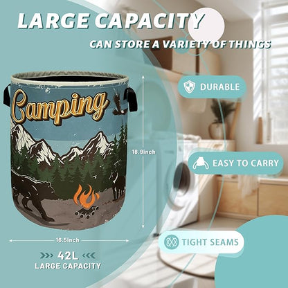 Retro Camping Mountain Bear Laundry Basket Foldable With Handles Tote Bag Oxford Cloth Funny Laundry Hamper Clothes Storage Bucket Toy Organizer For Bathroom/Laundry/Bedroom 18.9" x 16.5 "