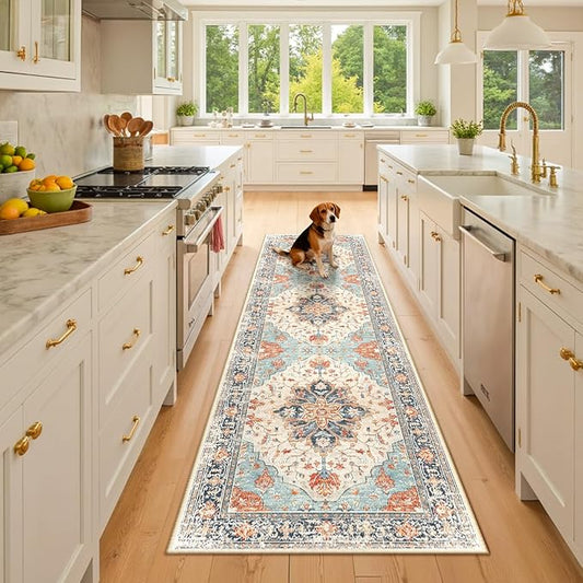 RELEANY Area Rugs Runner 2'6"x8' Washable Non-Slip, Floral Vintage Distress Medallion Carpet for Kitchen Hallway Bedroom Beside Laundry Room Bathroom, Beige Navy Blue Orange Colorful