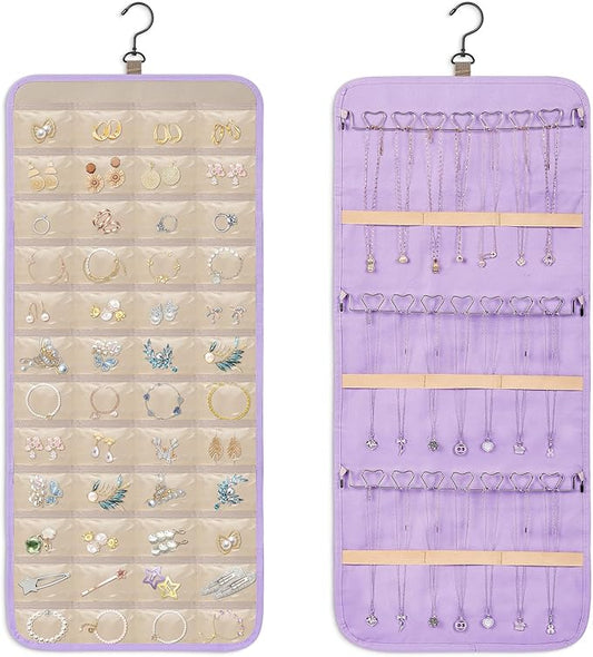 Dynoro Double-Sided Hanging Jewelry Organizer, Lavender Storage Roll for Earrings, Necklaces, Rings, 48 Pockets 21 Hooks, Durable Oxford Fabric for Closet, Wall, Door, 1 piece, Jewelry Not Included