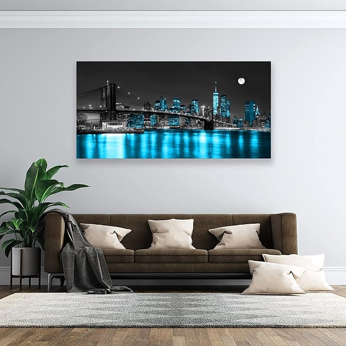 Wall Art Canvas Painting Black White and Blue New York Brooklyn Bridge 1 Piece Cityscape Night Building Picture Poster Print Framed for Living Room Bedroom Kitchen Office Home Decor