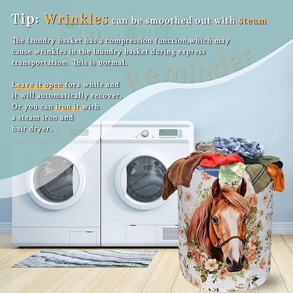 Watercolor Horse Laundry Basket Foldable With Handles Cute Animal Floral Tote Bag Oxford Cloth Colorful Laundry Hamper Clothes Toy Storage Bucket For Bathroom/Laundry/Bedroom 18.9" x 16.5 "