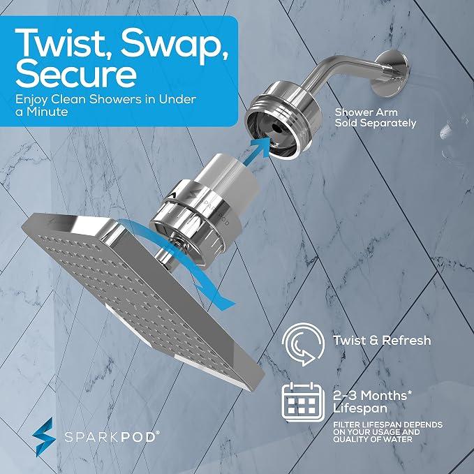 SparkPod 23-Stage Filtered Shower Head, 8" Square, Polished Chrome | Filtered Shower Head for Hard Water Filter, High Pressure, Reduces Chlorine, Heavy Metals, For Dry Skin & Hair
