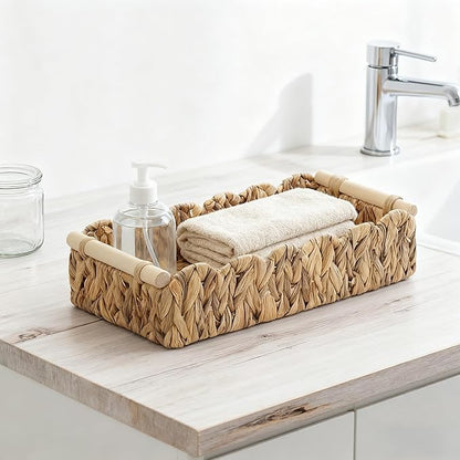 Water Hyacinth Scalloped Edge Baskets with Wood Handle, Set of 2 – Handwoven Natural Decor Storage Bins for Bathroom, Vanity & Farmhouse Home Style