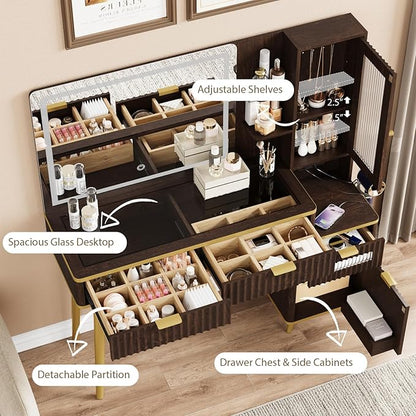 QUW Fluted Makeup Vanity Desk with Mirror and Lighits, 48" Modern Glass Top Vanity Table with Charging Station, Vanity Mirror with Adjustable Brightness, Dressing Table for Bedroom, Dark Walnut
