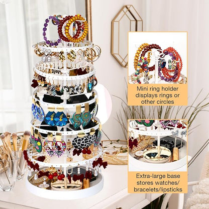 17Dec 6 Tier Rotating Jewelry Organizer Stand, 230 Holes Earring Holder Organizer for Women Girls, Spinning Earring Tree with Ring Holder, Wide Base for Bracelets Watches Lipstick