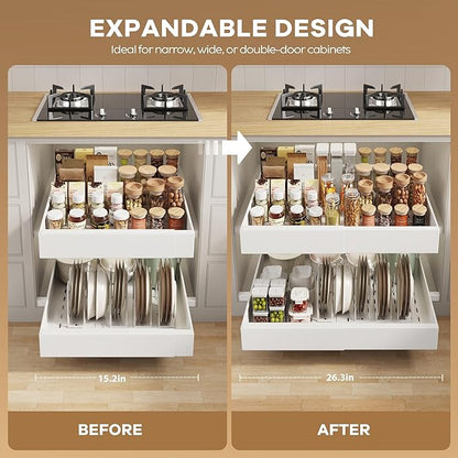 Seinloes 2 Pack Pull out Cabinet Organizer 21" Deep With Raising Pad for Framed Cabinets,Expandable (15.2"-26.3"W) Slide out Drawers for Kitchen Cabinets with 4pcs Divider Racks,Roll out Shelves,White