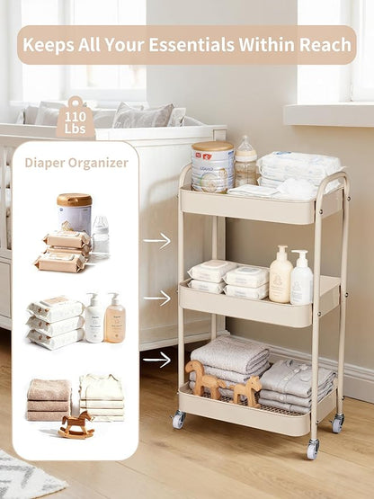 Fortella Baby Diaper Caddy, 3 Tier Rolling Storage Cart for Baby Essentials, Diaper Cart with Detachable Dividers, Storage & Baby Bottle Organizer, Nursery Dresser for Bedroom, Living Room (Taupe)