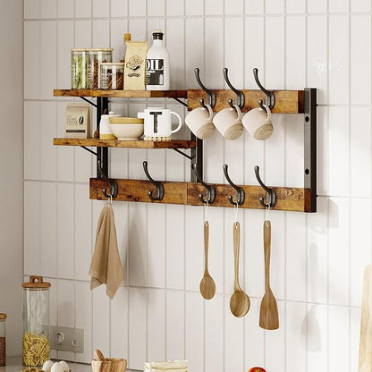 Homeiju 28.7" Coat Rack Wall Mount with Shelf, Key Hooks for Wall with Shelf, Coat Hooks Wall Mounted with 8 Heavy Duty Double Hooks for Bedroom,Living Room, Rustic Brown (8 Hooks)