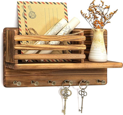 Rebee Vision Pine Wood Key Holder Wall Mount - Key Holder for Wall with Mail Slot Can Store Letters and Papers - Rustic Farmhouse Room Decor for Entryway, Living Room(Retro Brown)