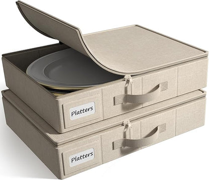 Sorbus China Storage Containers – Dinnerware Organizer for Platter Storage with Lid (Holds Service for 12) with Felt Protectors – 17" x 13" x 4" – 2 Pack