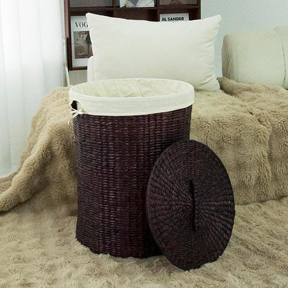Hand Woven Laundry Basket with Lid,21-Inch Laundry Hamper with Removable Liner for Laundry and Elegant Storage,Dark Coffee