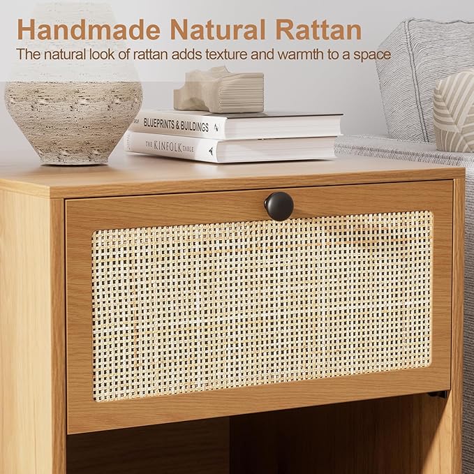 XIAO WEI Natural Rattan Nightstand Set of 2, Boho Night Stand with Drawer and Open Shelf, Bedside Table Accent Cane End Table Side Table for Bedroom Living Room, Metal Legs/Small/Light Brown