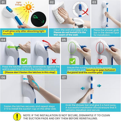 TAILI Shower Grab Bar Glow in The Dark, 2 Pack 16.8 in Grab Bars for Bathtubs and Showers,Shower Handles Shower Rails for Seniors and Elderly,Bathroom Safety Grip Removable No Drilling Waterproof Blue