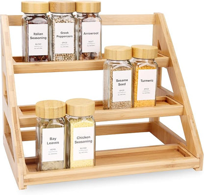 Spice Rack, Spice Organizer -3 Tier Bamboo Spice Racks, Solution for Spice Storage in Kitchens, Countertops，Storage Rooms and Other Places